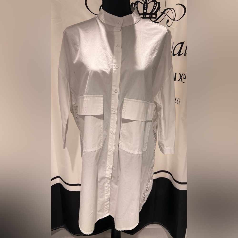 Diggs  White Casual Button Down Shirt Dress Poplin Cotton Scalloped Lace Back